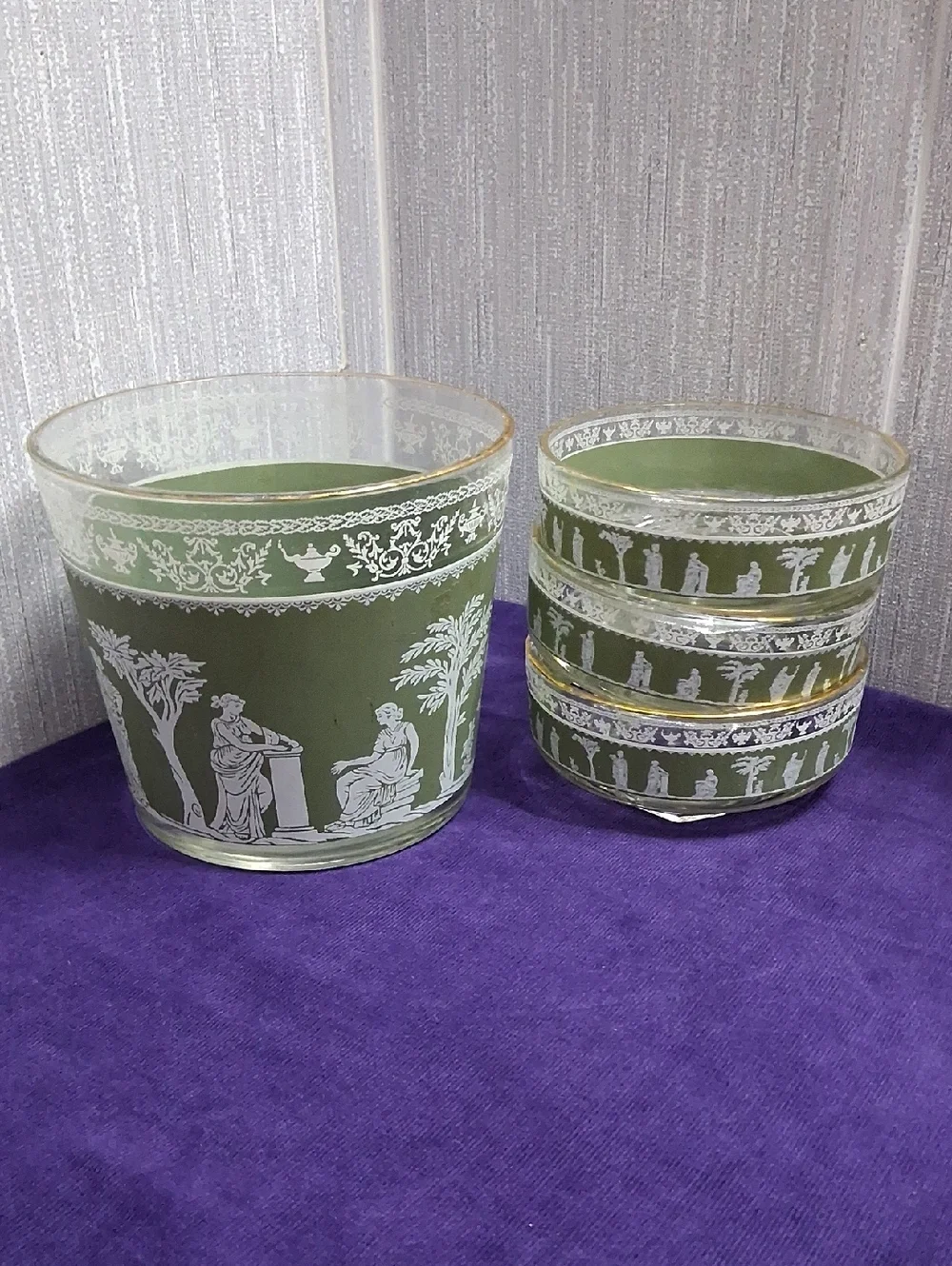 Vintage Jeanette Glass Bowl Set Hellenic Green Jasperware Style Ice Dessert